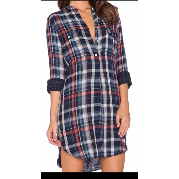 VELVET BY GRAHAM SPENCER Sz M GABRIELLE PLAID LONG SLEEVE DRESS IN SKY MULTI - Picture 1 of 7